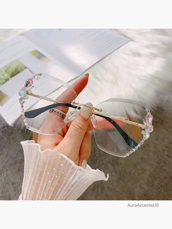 Rimless Diamond Sunglasses Oversized Square UV Protection Metal Frame